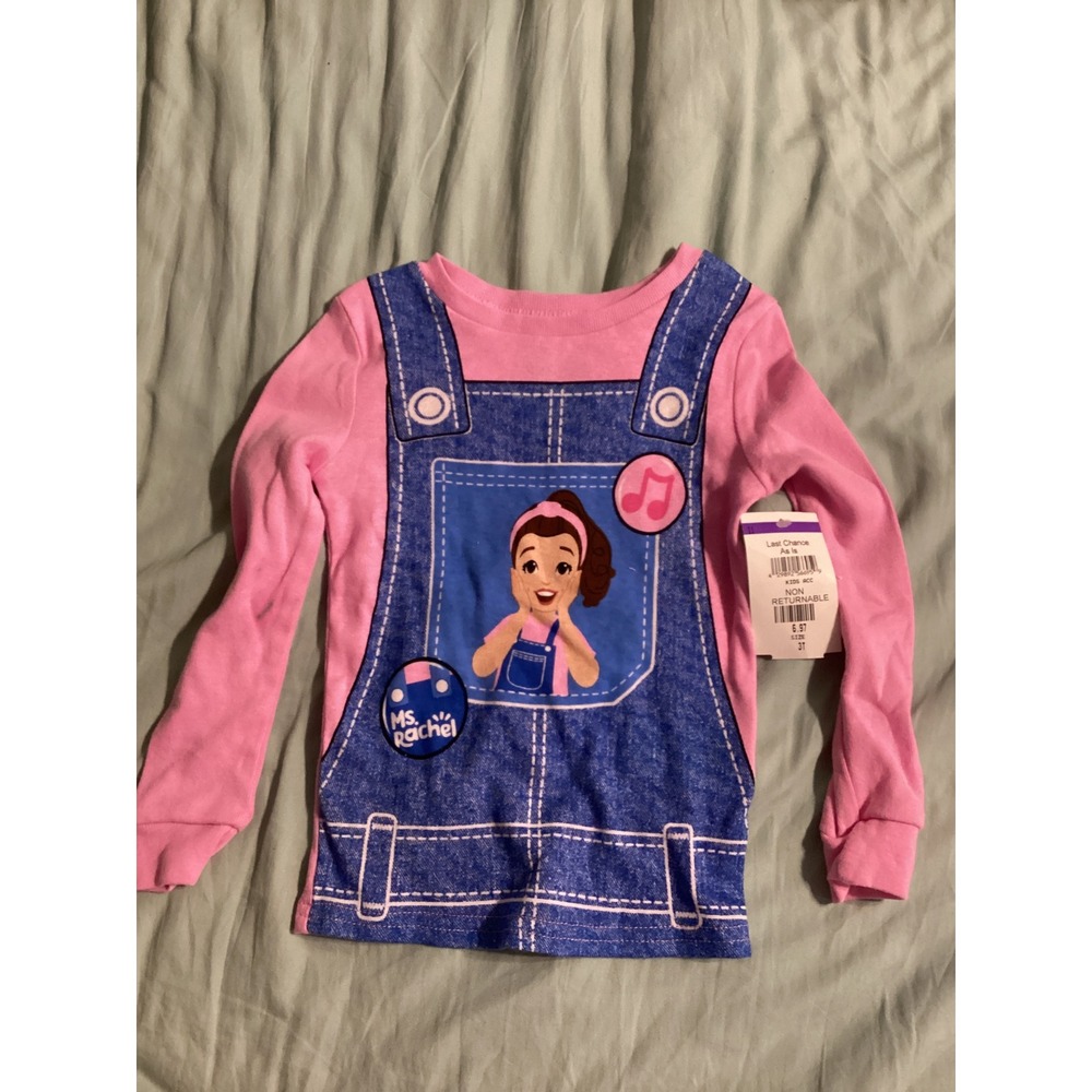 Ms. Rachel Toddler Girls Pink‎ Long Sleeve Graphic Tee Faux Overalls Shirt 3T
